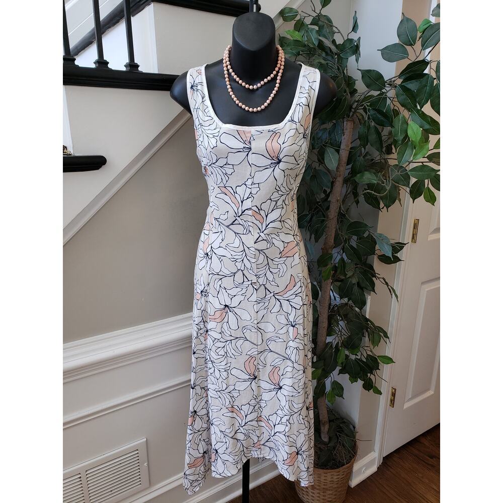 Jones New York Maxi Dress Linen 6 Ivory Floral Handkerchief Back Zip Square Neck